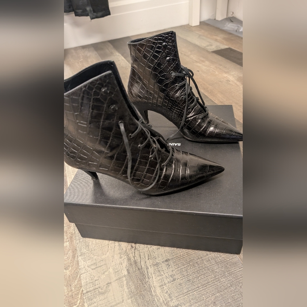 Saint Laurent Black Croc-Embossed Lace Up Boots